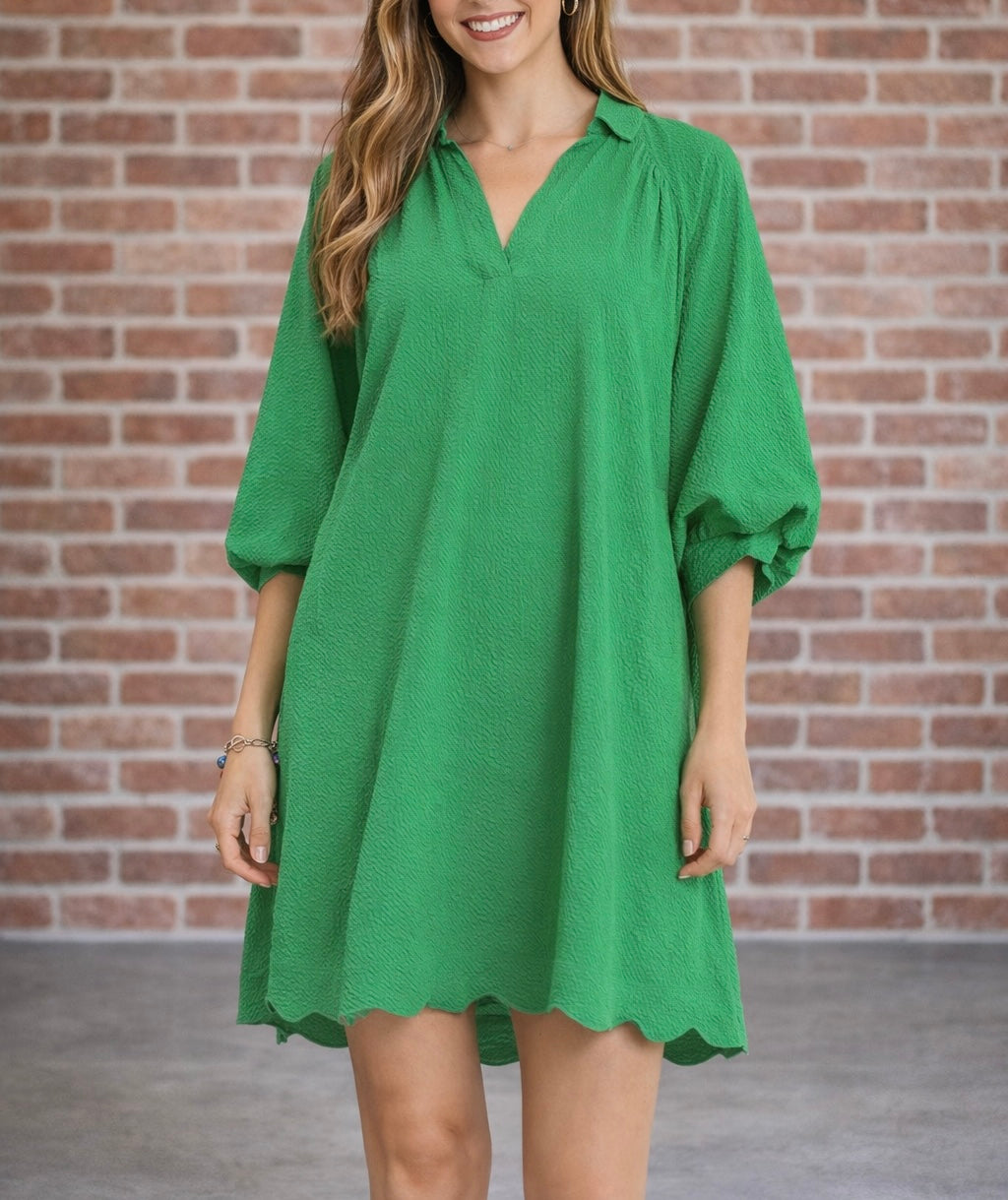 Scallop Hem Puff Sleeve Green Dress