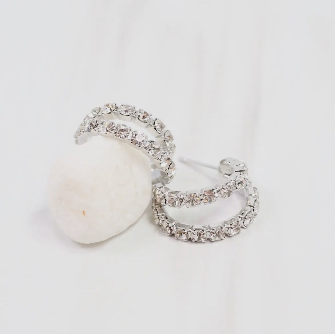 Crystal Rounded Double Hoop Earring Silver