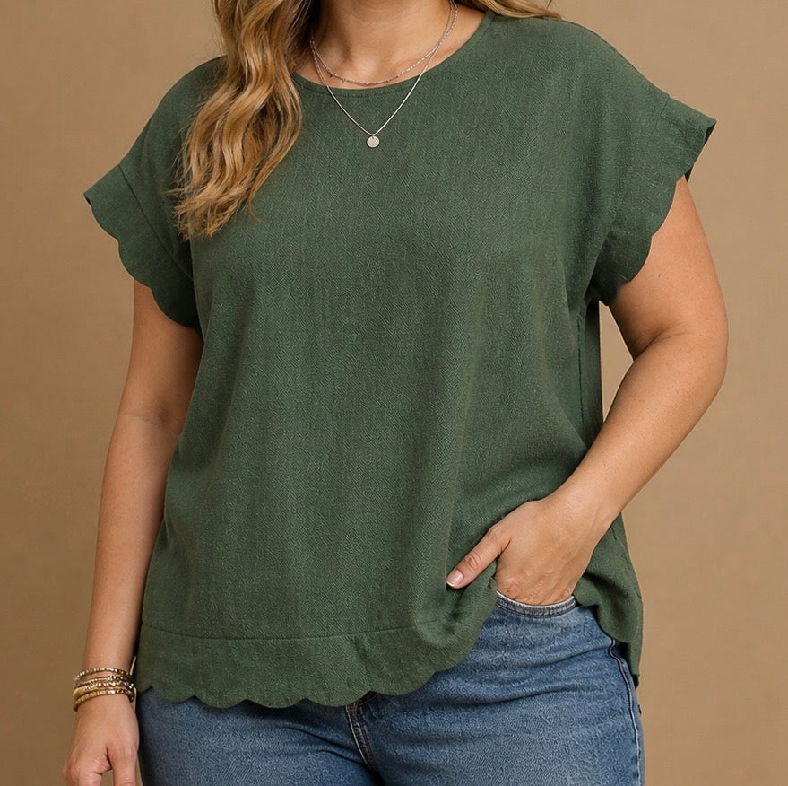Scallop Edge Short Sleeve Green Blouse