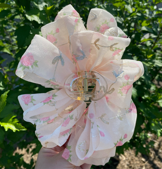OFF WHITE-LARGE FLORAL DITSY SHEER BOW HAIR CLAW CLIPS