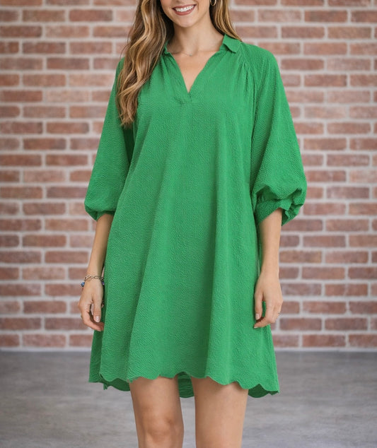 Scallop Hem Puff Sleeve Green Dress