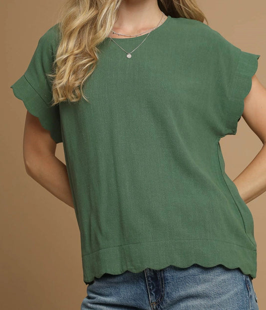 Scallop Edge Short Sleeve Green Blouse