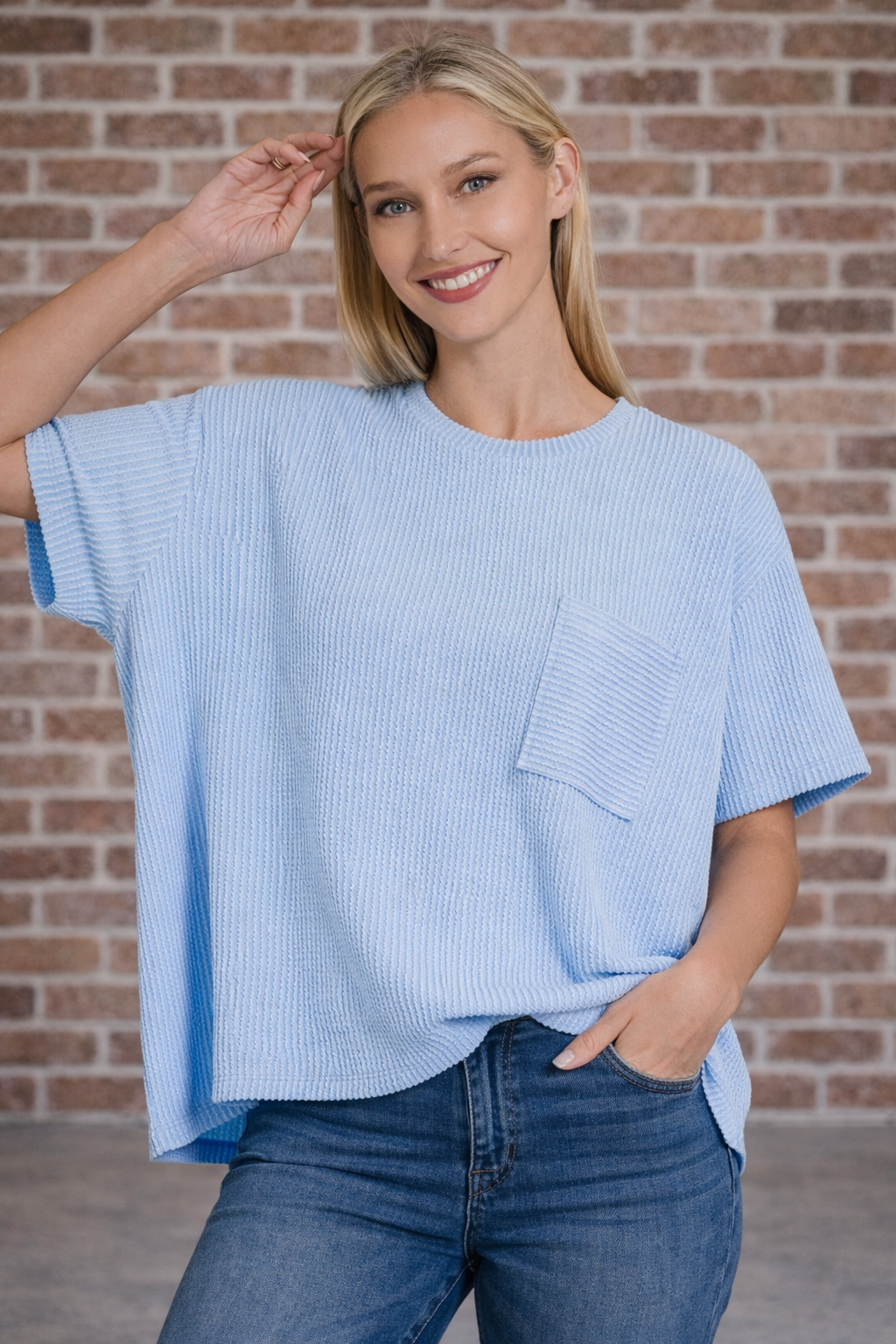 Spring Blue : Corded Rib Short Sleeve Front Pocket Top