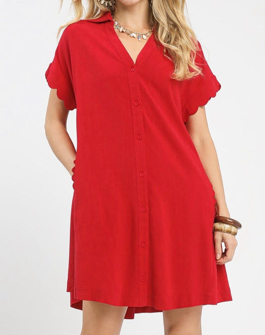Scallop Short sleeve Red Dress