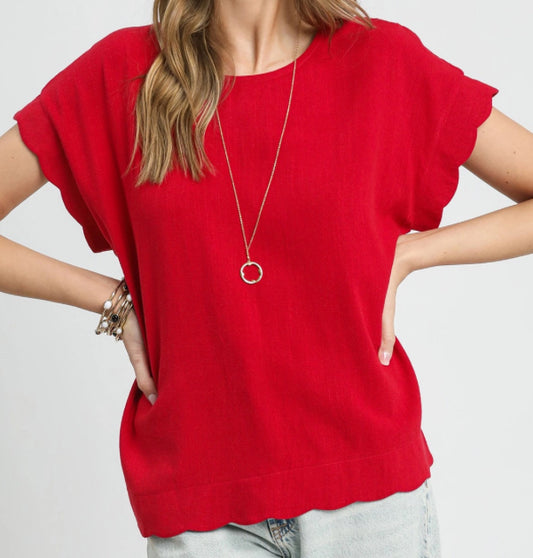 Scallop Edge Short Sleeve Red Blouse