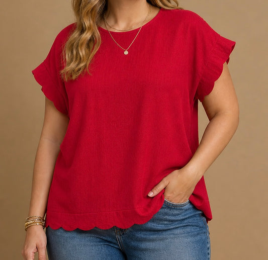 Scallop Edge Short Sleeve Red Blouse