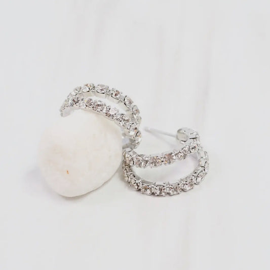 Crystal Rounded Double Hoop Earring Silver