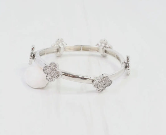 Dion Cz Clover Stretch Bracelet Silver