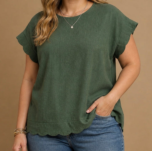 Scallop Edge Short Sleeve Green Blouse