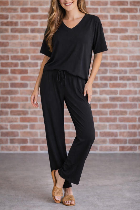 Black : V neck Oversized Top & Pants