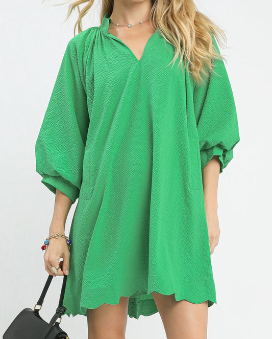 Scallop Hem Puff Sleeve Green Dress