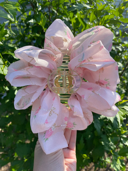 PINK-LARGE FLORAL DITSY SHEER BOW HAIR CLAW CLIPS