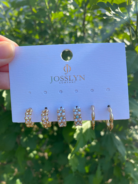 TRIO PEARL LINK BEAN HUGGIE HOOP EARRINGS SET OF 3