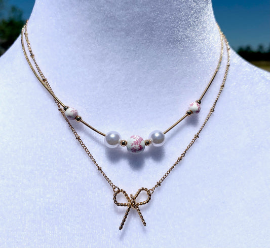 PINK CERAMIC PORCELAIN PEARL BOW LAYER NECKLACE