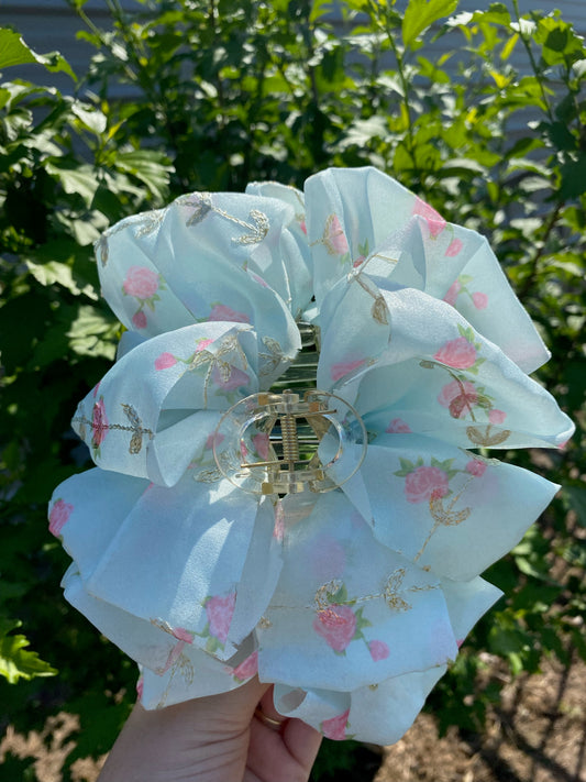MINT-LARGE FLORAL DITSY SHEER BOW HAIR CLAW CLIPS