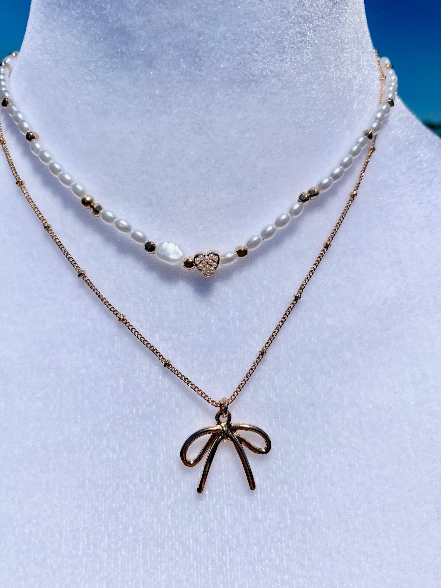 PEARL HEART BOW BALL CHAIN DOUBLE LAYER NECKLACE